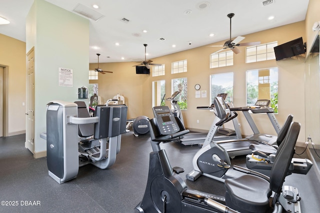 workout area featuring recessed lighting, visible vents, and baseboards