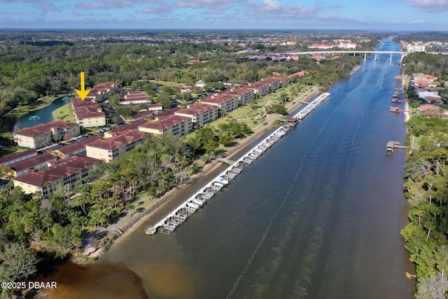 aerial view featuring a water view and a view of trees