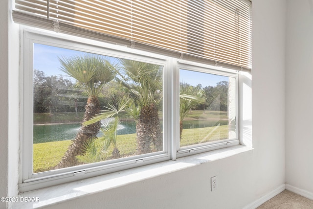 details featuring a water view and baseboards