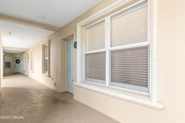 hallway with a textured wall and carpet flooring