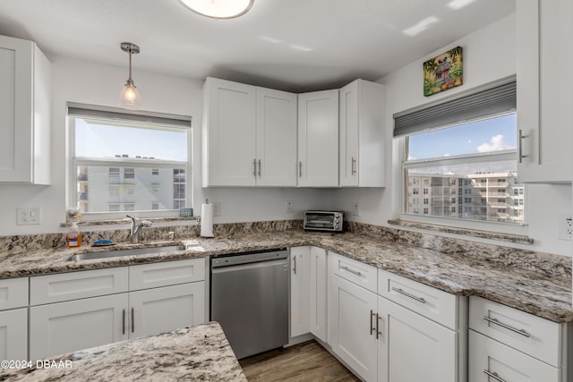 kitchen with dishwasher, white cabinetry, and plenty of natural light