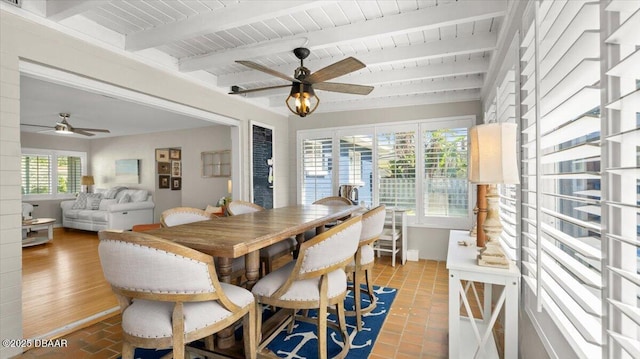 dining room with wooden ceiling, beam ceiling, and a ceiling fan