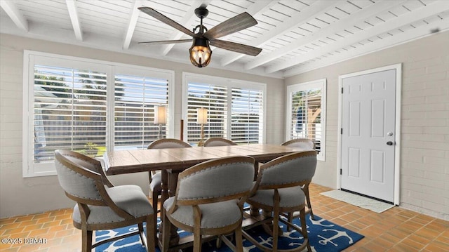 dining area with a healthy amount of sunlight, wooden ceiling, and beam ceiling