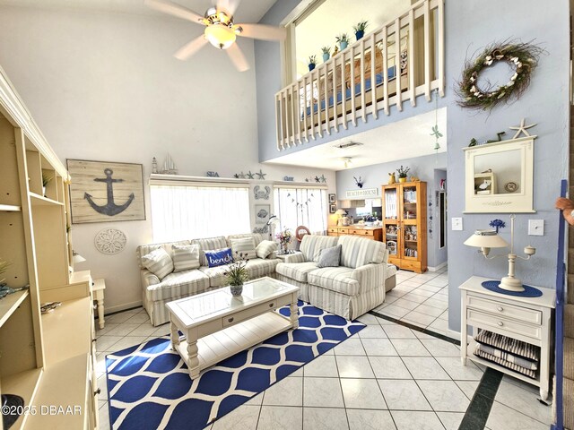 55 Chippingwood Ln, Ormond Beach, FL 32176 - tiled living room with a high ceiling and ceiling fan