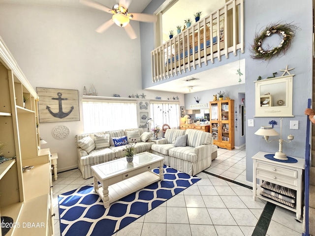 55 Chippingwood Ln, Ormond Beach, FL 32176 - tiled living room with a high ceiling and ceiling fan