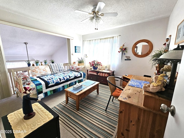 living room featuring a textured ceiling, ceiling fan, and carpet