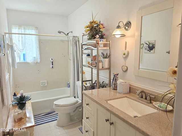 full bathroom with shower / bath combo with shower curtain, toilet, and vanity