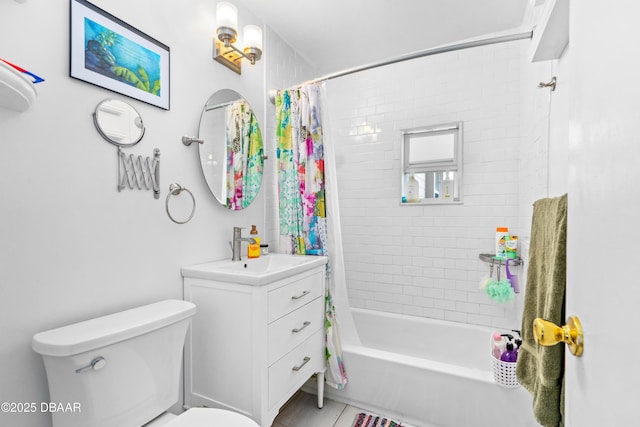 full bathroom featuring shower / bathtub combination with curtain, vanity, tile patterned flooring, and toilet