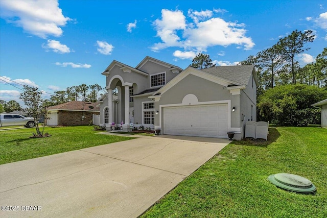 21 Whittingham Ln, Palm Coast, FL 32164 - traditional-style home with stucco siding, driveway, a front yard, and a garage