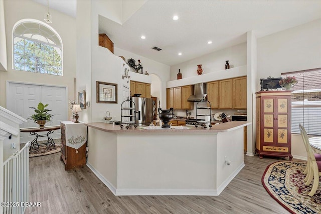 21 Whittingham Ln, Palm Coast, FL 32164 - kitchen with light wood-style floors, wall chimney exhaust hood, baseboards, and visible vents