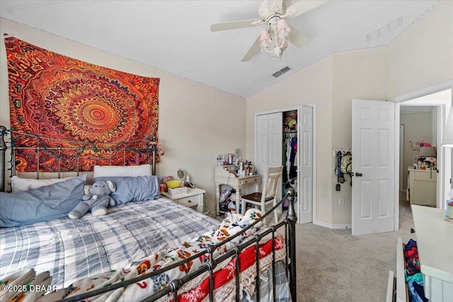 21 Whittingham Ln, Palm Coast, FL 32164 - bedroom featuring a closet, lofted ceiling, visible vents, and light colored carpet