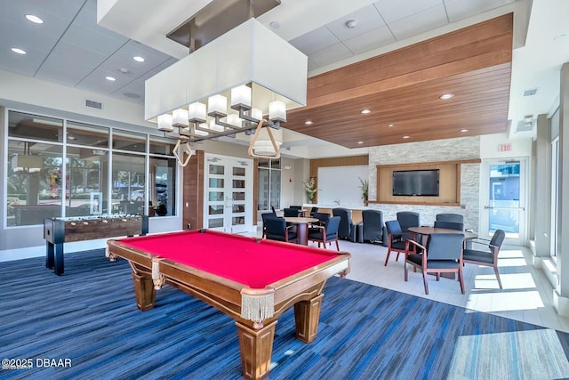 playroom with pool table, french doors, visible vents, and recessed lighting