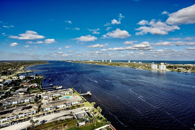 bird's eye view with a water view