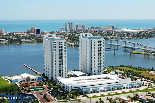 aerial view with a view of city and a water view