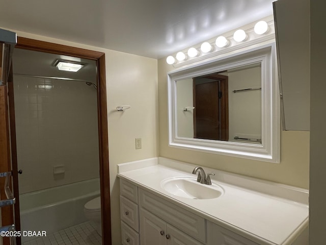 full bathroom with toilet, tiled shower / bath combo, tile patterned flooring, and vanity