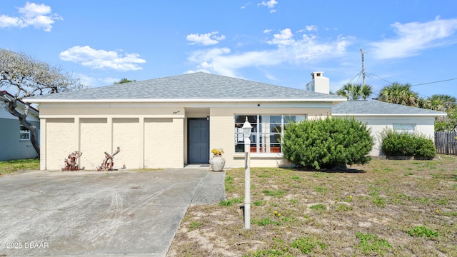 single story home featuring a chimney and stucco siding