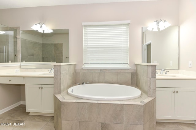 bathroom featuring tile patterned floors, separate shower and tub, and vanity