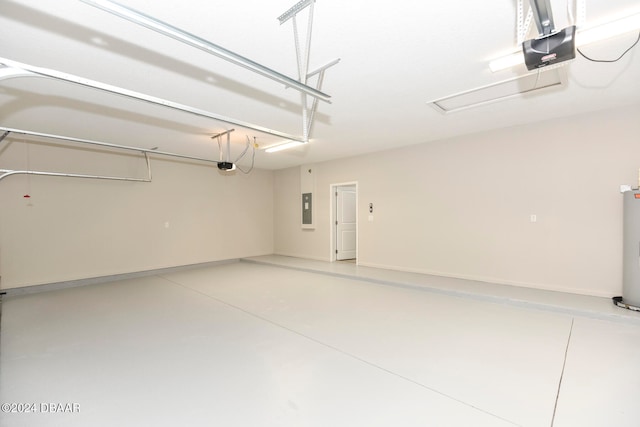 garage with electric panel, a garage door opener, and water heater