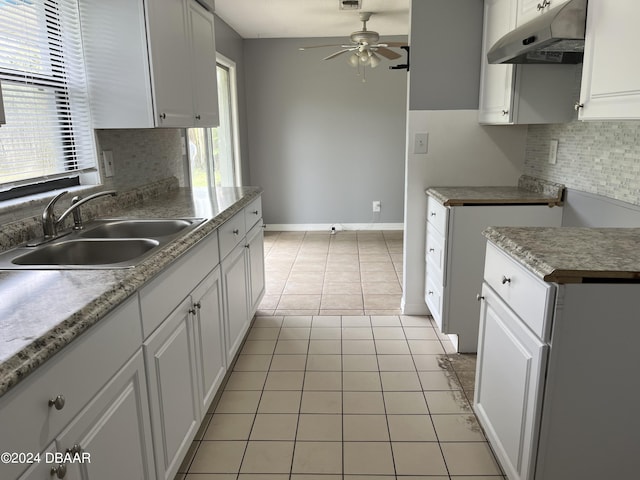 506 Cambridge Cir S, Daytona, FL 32119 - kitchen with under cabinet range hood, ceiling fan, tasteful backsplash, white cabinets, and light countertops