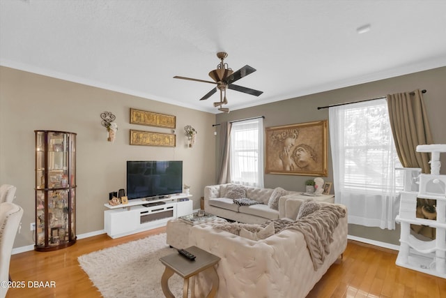1767 Travertine Ter, Sanford, FL 32771 - living area with baseboards, ornamental molding, a ceiling fan, and light wood-style floors