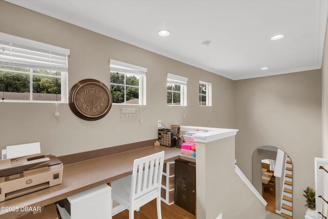 1767 Travertine Ter, Sanford, FL 32771 - office area featuring recessed lighting, arched walkways, a wealth of natural light, and wood finished floors
