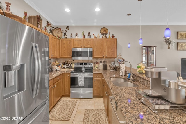 1767 Travertine Ter, Sanford, FL 32771 - kitchen with stainless steel appliances, backsplash, a sink, light tile patterned flooring, and crown molding