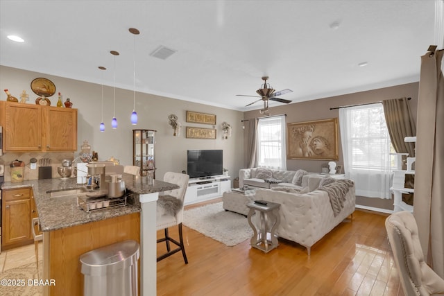 1767 Travertine Ter, Sanford, FL 32771 - living area with crown molding, visible vents, ceiling fan, and light wood-type flooring