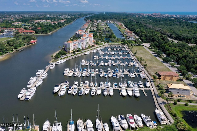 bird's eye view with a water view