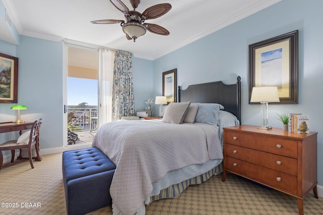 bedroom with access to outside, ornamental molding, baseboards, and light colored carpet