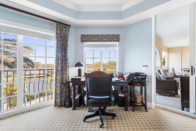 office area featuring carpet flooring, a raised ceiling, and crown molding