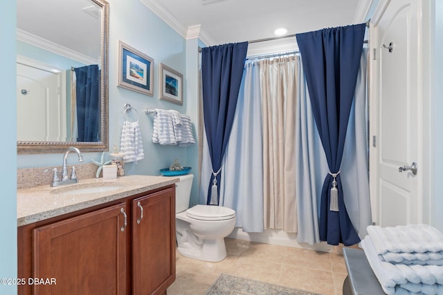 full bathroom featuring toilet, ornamental molding, vanity, and tile patterned floors