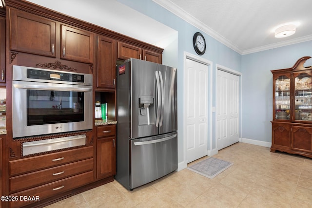 kitchen with light stone counters, crown molding, a warming drawer, stainless steel appliances, and baseboards