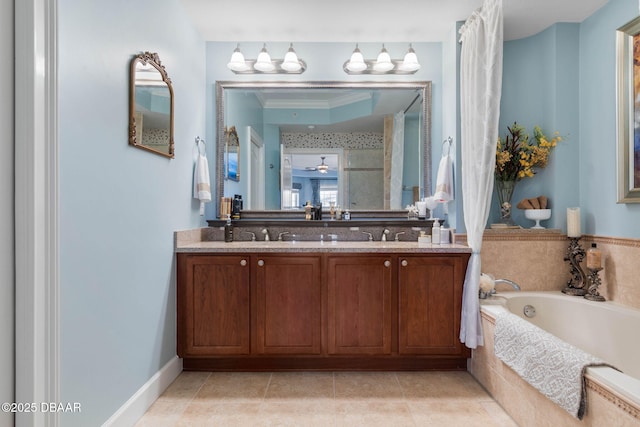 bathroom featuring double vanity, a bath, tile patterned floors, crown molding, and a sink