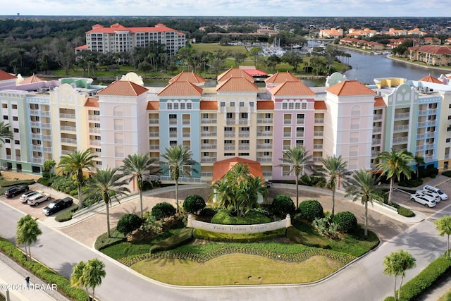 view of building exterior with a water view