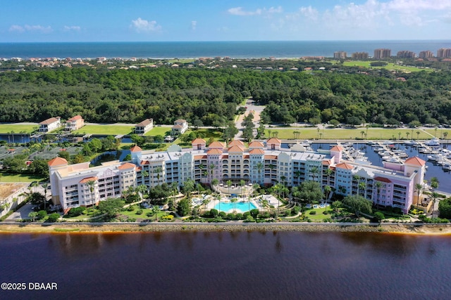 bird's eye view with a water view