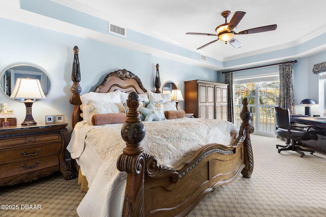 bedroom featuring ceiling fan, access to outside, carpet flooring, and visible vents