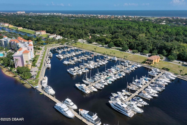 bird's eye view featuring a water view and a wooded view