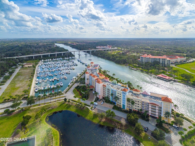 drone / aerial view with a water view