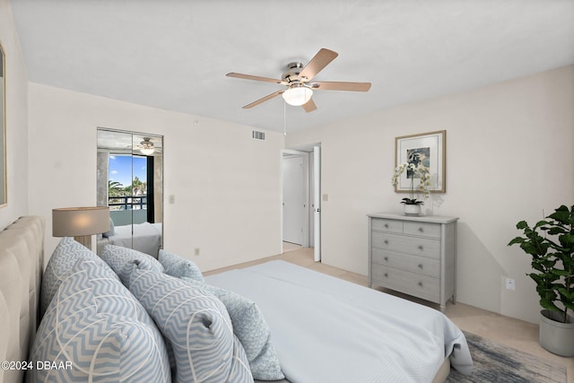 bedroom featuring access to outside and ceiling fan