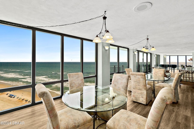 dining space featuring hardwood / wood-style floors, a wall of windows, a notable chandelier, and a water view