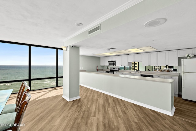 kitchen with white cabinetry, appliances with stainless steel finishes, a wall of windows, light hardwood / wood-style floors, and a water view