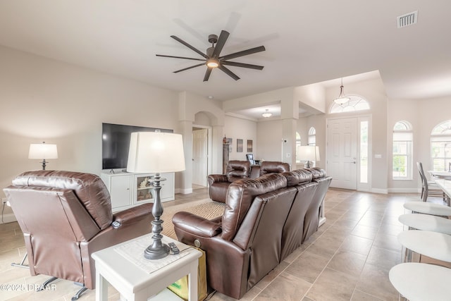 living room with ceiling fan