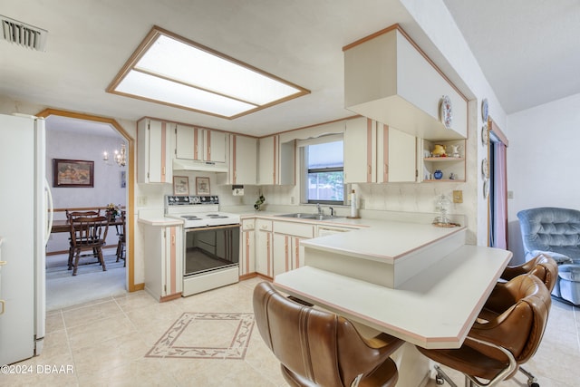 kitchen featuring kitchen peninsula, decorative backsplash, sink, a breakfast bar, and white appliances