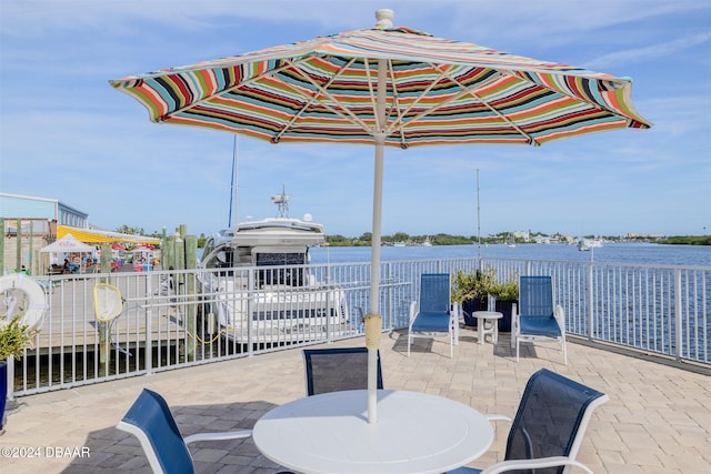 view of patio / terrace featuring a water view and a dock