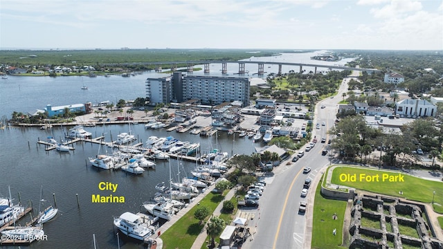 aerial view featuring a water view