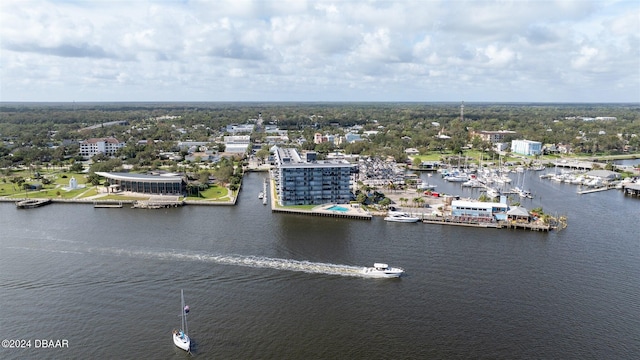 birds eye view of property featuring a water view