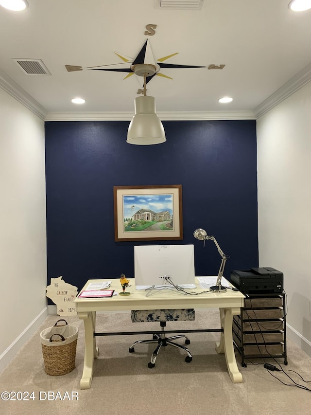 office featuring light colored carpet and ornamental molding