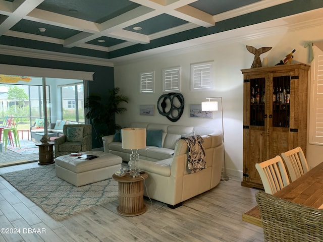 living room featuring beam ceiling, crown molding, coffered ceiling, and light wood-type flooring