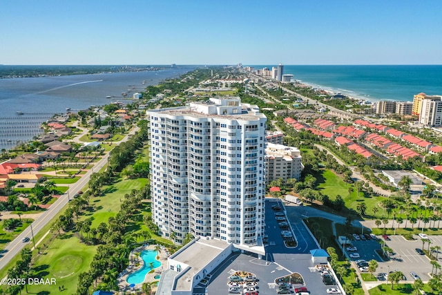 birds eye view of property featuring a water view