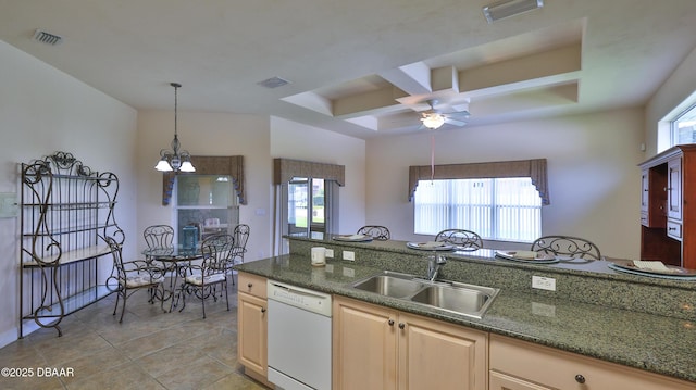 4269 Mayfair Ln, Port Orange, FL 32129 - kitchen with white dishwasher, coffered ceiling, a ceiling fan, light tile patterned floors, and decorative light fixtures